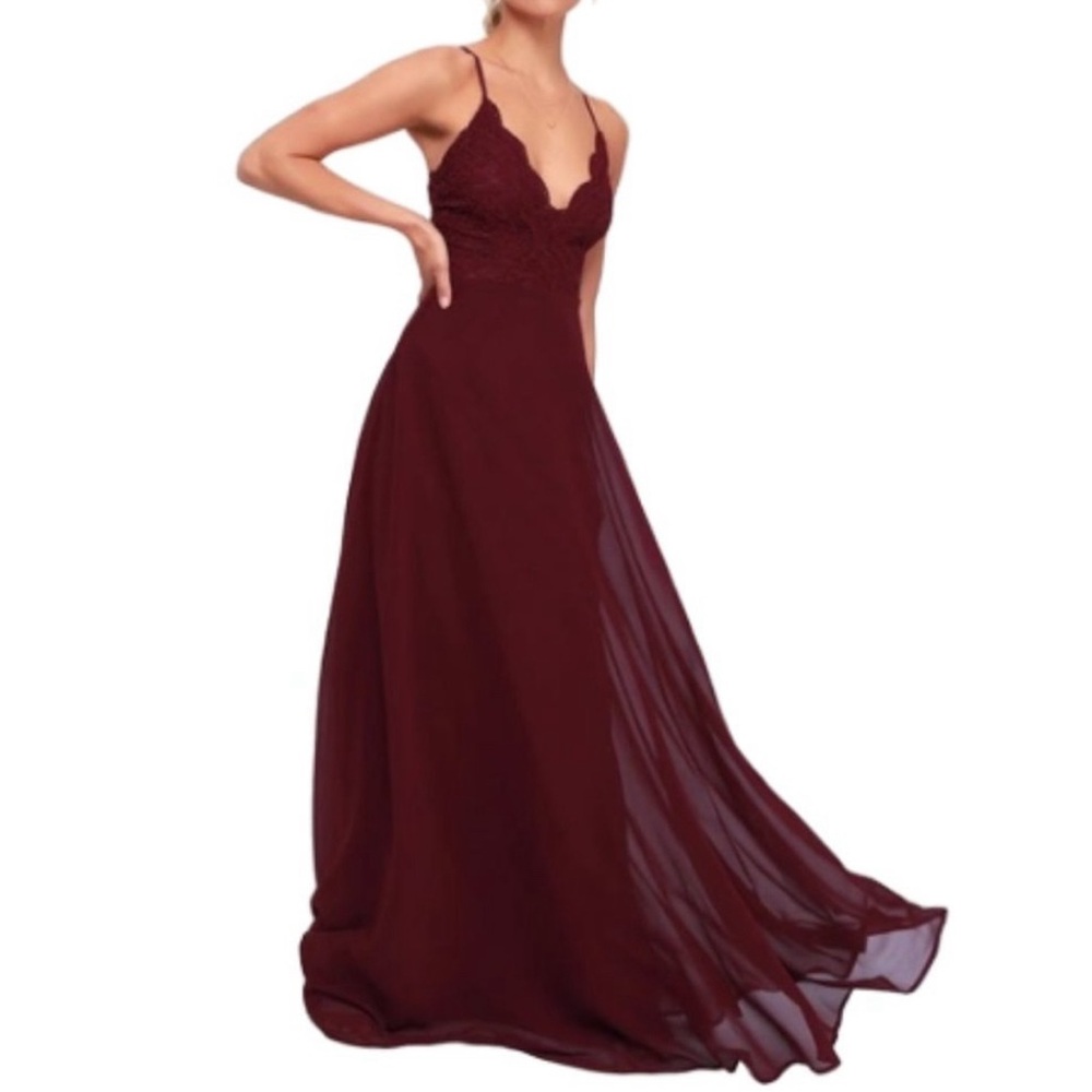 Lulu's Burgundy Lace Bodice Chiffon Maxi Dress
